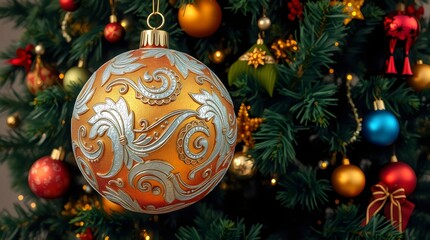 Large Christmas bauble with metallic reflections hanging from a decorated tree