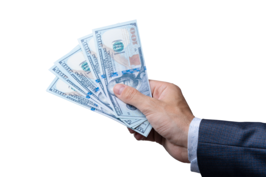 Holding five hundred dollar bills in one hand with a professional suit