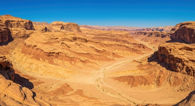 Expansive panoramic view captures layered rock formations within a sunlit arid canyon landscape under a clear blue sky