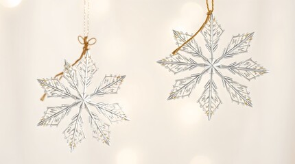 Hanging snowflake ornaments sparkling against a soft blurred background