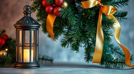 Christmas lantern glowing warmly beside a pine garland and golden ribbon