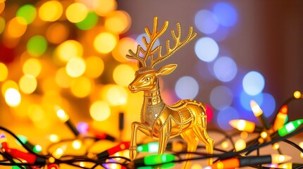 Golden reindeer figurine surrounded by sparkling Christmas lights