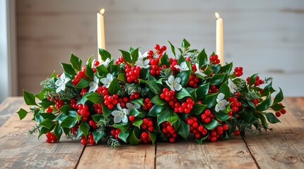 Holly and berry Christmas centerpiece arranged on a rustic wooden table