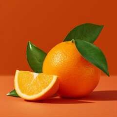A fresh, whole orange placed on top of a few vibrant green leaves.