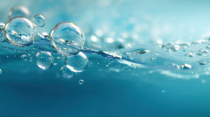 Close-up view of clear bubbles rising from surface in refreshing water. The scene evokes a sense of freshness and tranquility