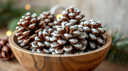 Pinecone Christmas decorations dusted with glitter and arranged in a wooden bowl