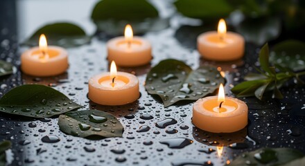Burning candles and green leaves on a dark, wet surface create a serene ambiance.