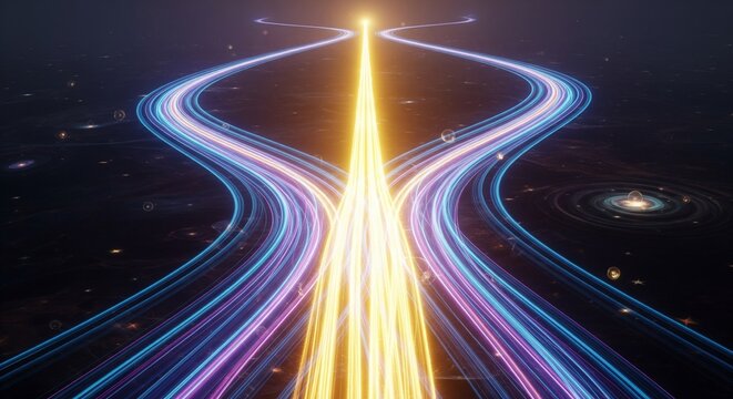 Navigating the Cosmic Highway: A visually stunning depiction of two converging paths that lead to an effulgent point, with radiant light streaks against a cosmic backdrop. A compelling scene
