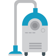 A light gray and blue cylinder vacuum cleaner with a transparent background and a brush attachment on a white surface for household cleaning tasks