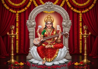 Hindu Goddess Saraswati seated on lotus playing veena with ornate background and lamps.