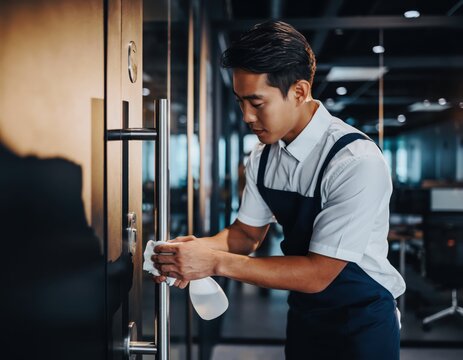 Janitor Disinfecting Office Doorknobs for Hygiene Maintenance