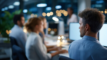 Diverse colleagues at workstations in contemporary office faceless team members defocused collaborative environment focused work scene modern workspace interaction