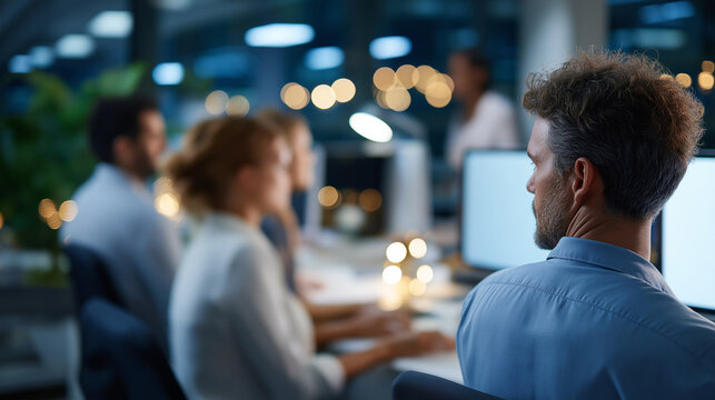 Diverse colleagues at workstations in contemporary office faceless team members defocused collaborative environment focused work scene modern workspace interaction