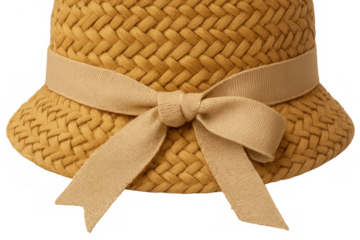 Woven straw hat with a beige ribbon bow, accessory for summer fashion, beach protection, and holiday style, transparent background