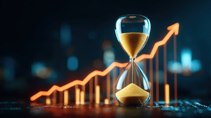 Glass hourglass filled with golden sand representing time management and growth alongside an upward financial graph with glowing lines in the background