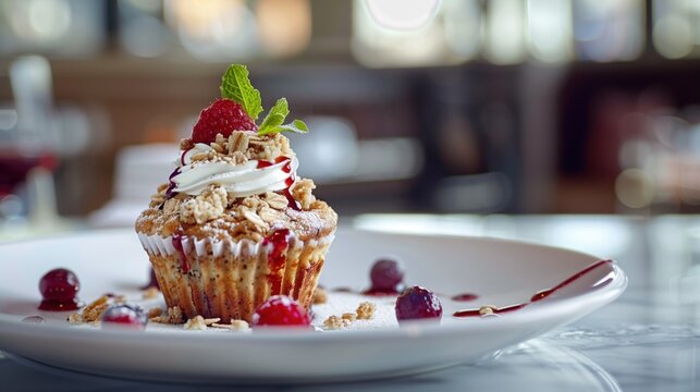 National Oatmeal Muffin Day:Gourmet oatmeal muffin plated on elegant white porcelain plate, professionally plated dessert presentation, fresh berries compote drizzle, dollop of whipped cream