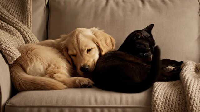 A golden retriever puppy and a black cat snuggling on a sofa with cozy blanket