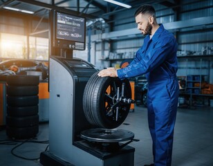 Mechanic Balancing Car Tires with Digital Machine in Workshop