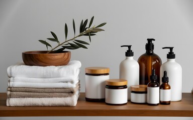 Modern minimalist spa skincare bottles with natural wooden lids, folded towels, amber containers, and wellness accessories arranged on a clean shelf