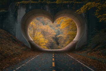Heart shaped tunnel framing beautiful autumn forest landscape with golden foliage, peaceful road, romantic nature scenery, fall season travel inspiration