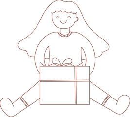 Cartoon Happy girl sitting and holding Christmas gift outline