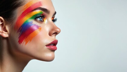 Fashion portrait of beautiful woman. Model face with artistic rainbow color makeup and bright blue eyes. Isolated on light background with copy space. Creative beauty art.