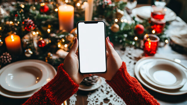 Smartphone with blank screen held by hands near festive dining table setting with Christmas decorations, holiday ambiance, digital greeting, seasonal promotions, food delivery, web site, app mock up