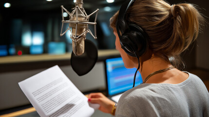 Close-up faceless shot from behind, showing a woman leaning toward a microphone while reading from a printed script, modern sound booth atmosphere, with copy space