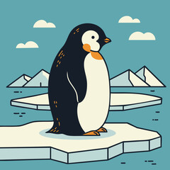 Obraz premium Penguin standing on ice in a vibrant Arctic landscape with mountains and clouds in a whimsical illustration style 