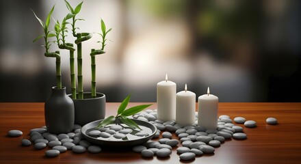 Zen still life with bamboo plants, candles, and pebbles on a wooden table creating a tranquil scene.