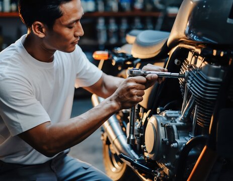 Mechanic Tightening Bolts on Motorcycle Engine in Workshop Setting