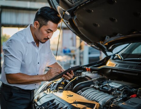 Mechanic Using Diagnostic Tablet to Analyze Car Engine Performance