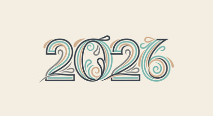 Elegant decorative typography displaying the year 2026 with intricate swirling flourishes and a vintage aesthetic.