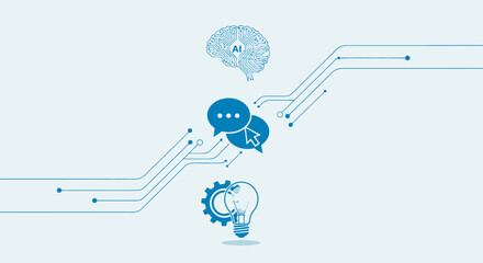 AI communication concept with brain, chat bubbles, light bulb and gear on a white background.