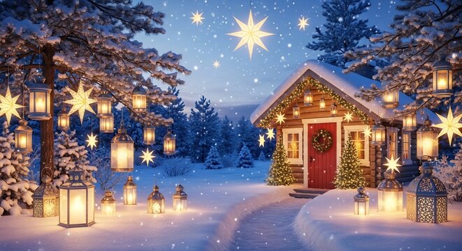 しんしんと降り積もる真っ白な雪が輝く神秘的な冬の森に心温まる柔らかな光に包まれた可愛らしい小さな山小屋が佇む 夜空には無数の星が瞬き煌めくランタンとイルミネーションが聖夜の夢を描き息をのむほど美しい幻想的なクリスマスの情景を広げる. AI Generated - Powered by Adobe