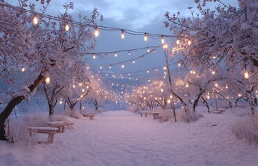 Winter wonderland snow covered trees with string lights magical scene scenic landscape photography evening