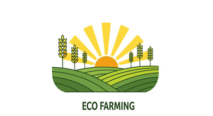 Eco farming logo featuring a sunrise over rolling green hills with crops and plants.