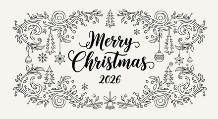 Elegant black and white Christmas greeting card with ornate floral frame and the year 2026.