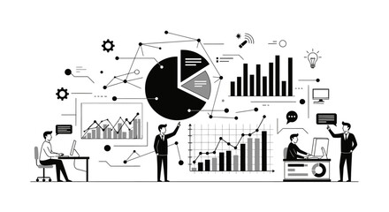 Business analytics illustration with people, charts, and graphs.