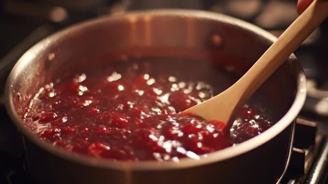 Simmers red berry fruit jam in stainless steel pot, jam is stirred with a spoon
