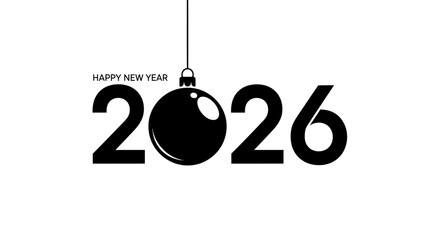 Happy New Year 2026 greeting card with a black Christmas ornament design.