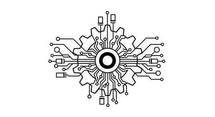 Intricate black and white line art of a symmetrical electronic circuit board with a central core.