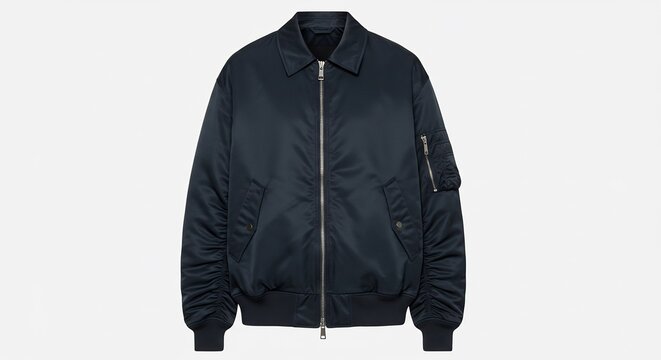 清潔な白背景に際立つ深い紺色のボンバージャケット 上質な生地の特有の光沢とふっくらした質感が高級感を演出 モダンで洗練されたシルエットはカジュアルからセミフォーマルまで多様なスタイルにマッチ. AI Generated