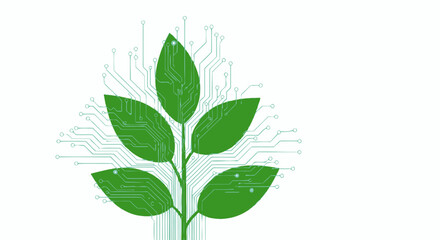 A vibrant green plant with circuit board patterns integrated into its leaves and stem, symbolizing the intersection of nature and technology.