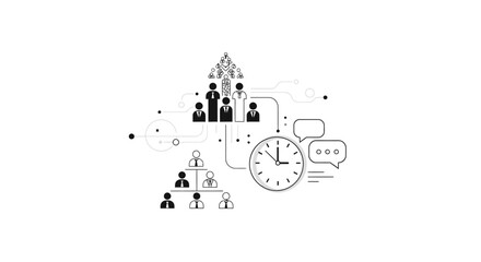 A conceptual illustration of business hierarchy, time management, and team communication.
