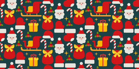 Seamless pattern featuring Santa Claus, gift boxes, sleigh, stocking, mitten and holly on dark background. Ideal for Christmas wrapping paper, textile prints and festive packaging