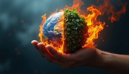Hands Holding Earth with Flames Encircling Them