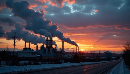 Industrial Sunset Factories Silhouetted Against Clear Sky