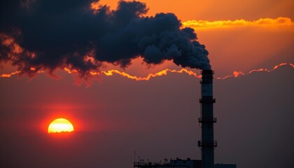 Industrial Sunset Sky Vivid Hues Smoke Stacks Contrasting Elements