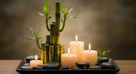 Still life of bamboo stalks, candles, and stones arranged for spa zen concept.